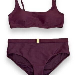 Milea Bikini Swimsuit Burgundy, Maroon Ribbed Textured Womens 14 Gold Accents